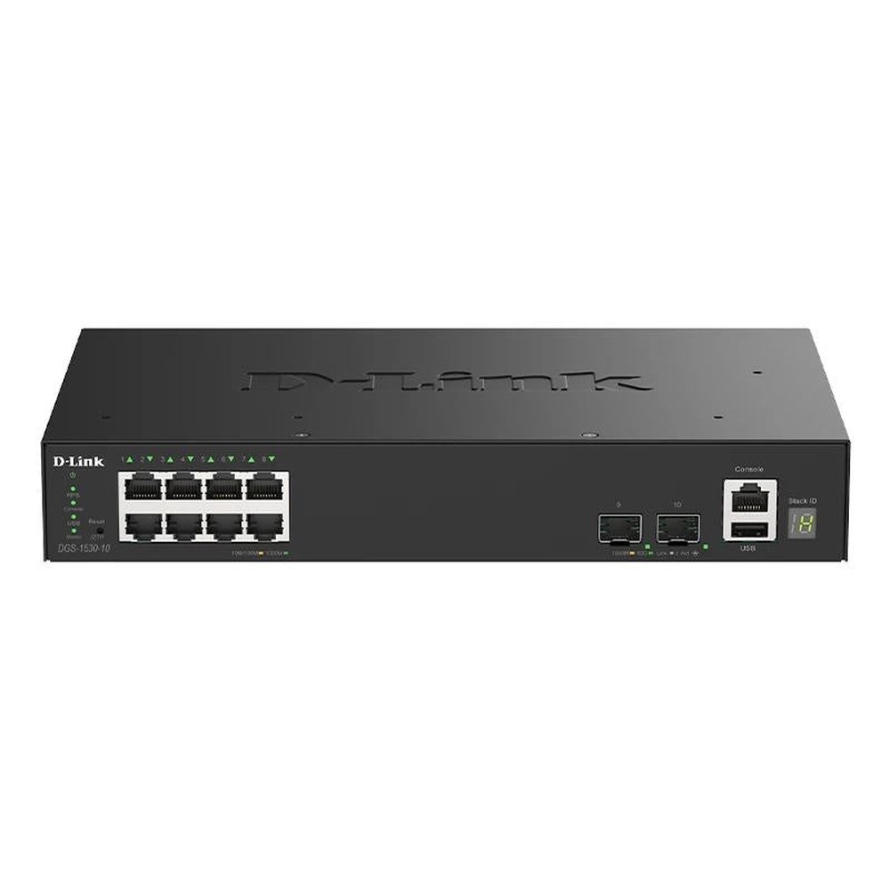 D-Link - Switch de red DGS-1530-10/E con 8 puertos Gigabit y 2 puertos SFP+ 10G, capacidad de conmutación 56 Gbps, diseño sin ventilador y protección contra sobretensiones de 6 kV
