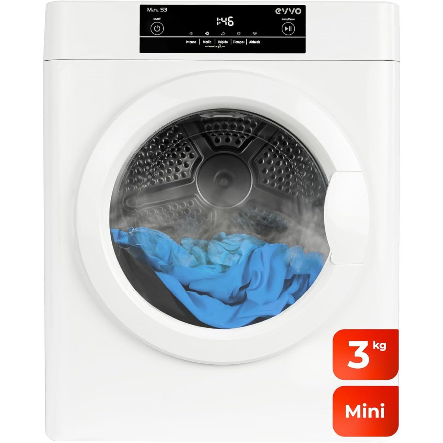 EVVO  S3 Mini secadora Compacta de 3 kg, Blanco, Secado por Evacuación, Sensor de Humedad