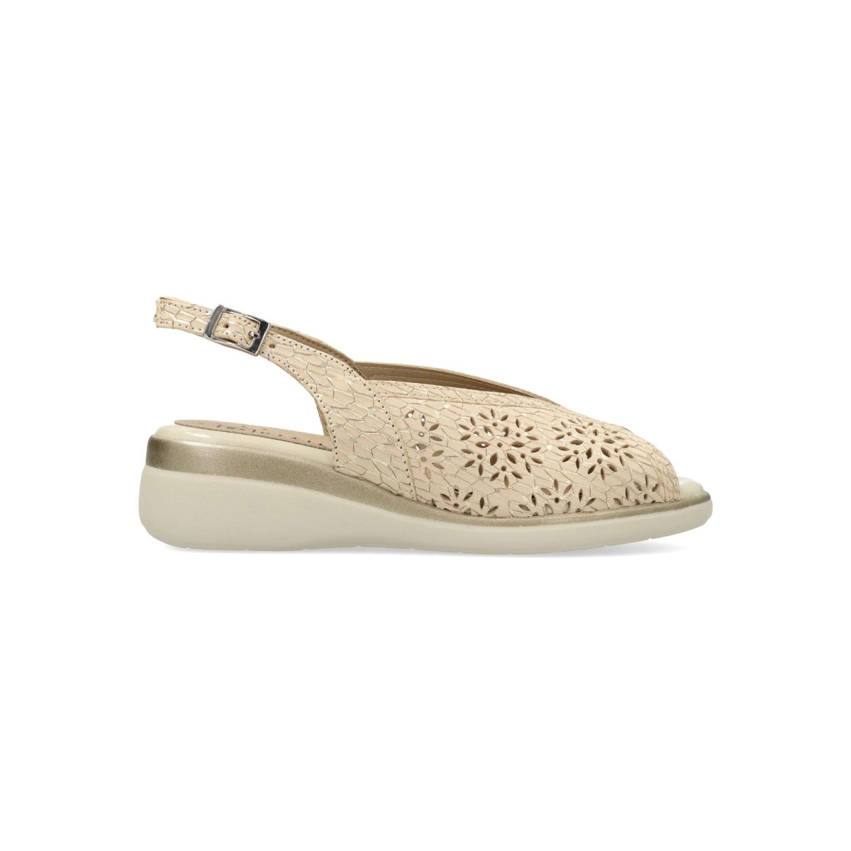 PITILLOS - Sandalias de piel picada para mujer con cuña de 4,5 cm, planta acolchada y cierre de hebilla, color oro