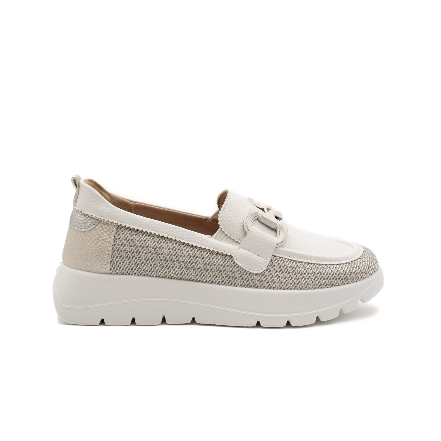 Mysoft 25M269 Mocasines de mujer metalizados tejido combinado