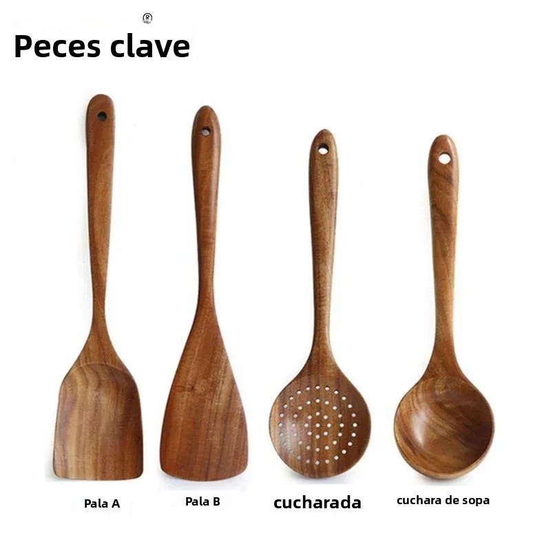 TK Juego De Cucharas De Madera Para Cocinar Con Porta Utensilios Eco-amigable Conjunto De Utensilios De Cocina De Madera Teak