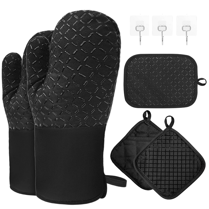 Juego de Manoplas y agarraderas para Horno, Guantes para Horno de algodón Resistentes al Calor de 300 ℃, Guantes Largos con Silicona Antideslizante, Guantes de Cocina para Cocina, Hornear, Cacerola