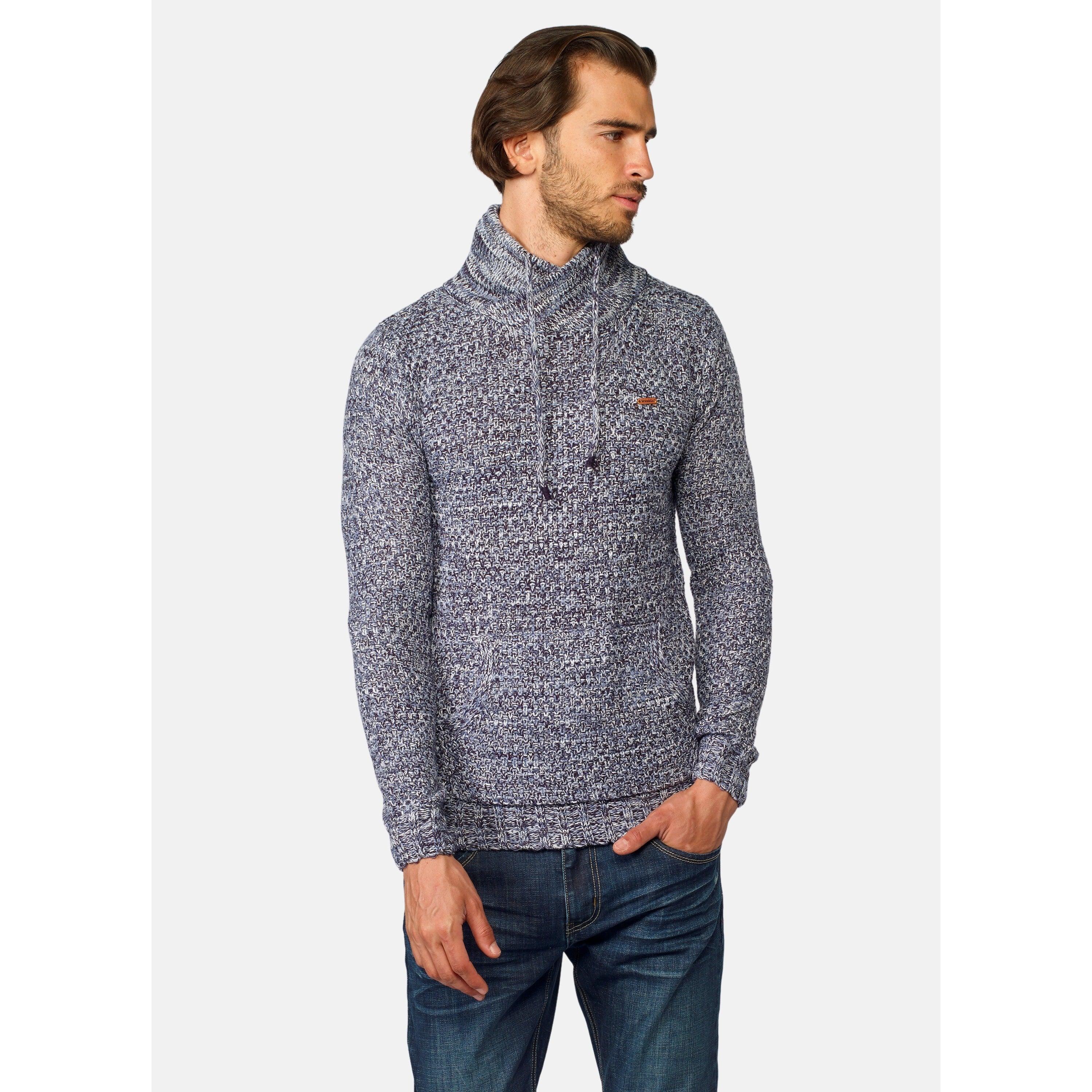 Koroshi - Jersey hombre jaspeado de punto grueso 100% acrílico con cuello cruzado ajustable y bolsillo canguro gris azul granate