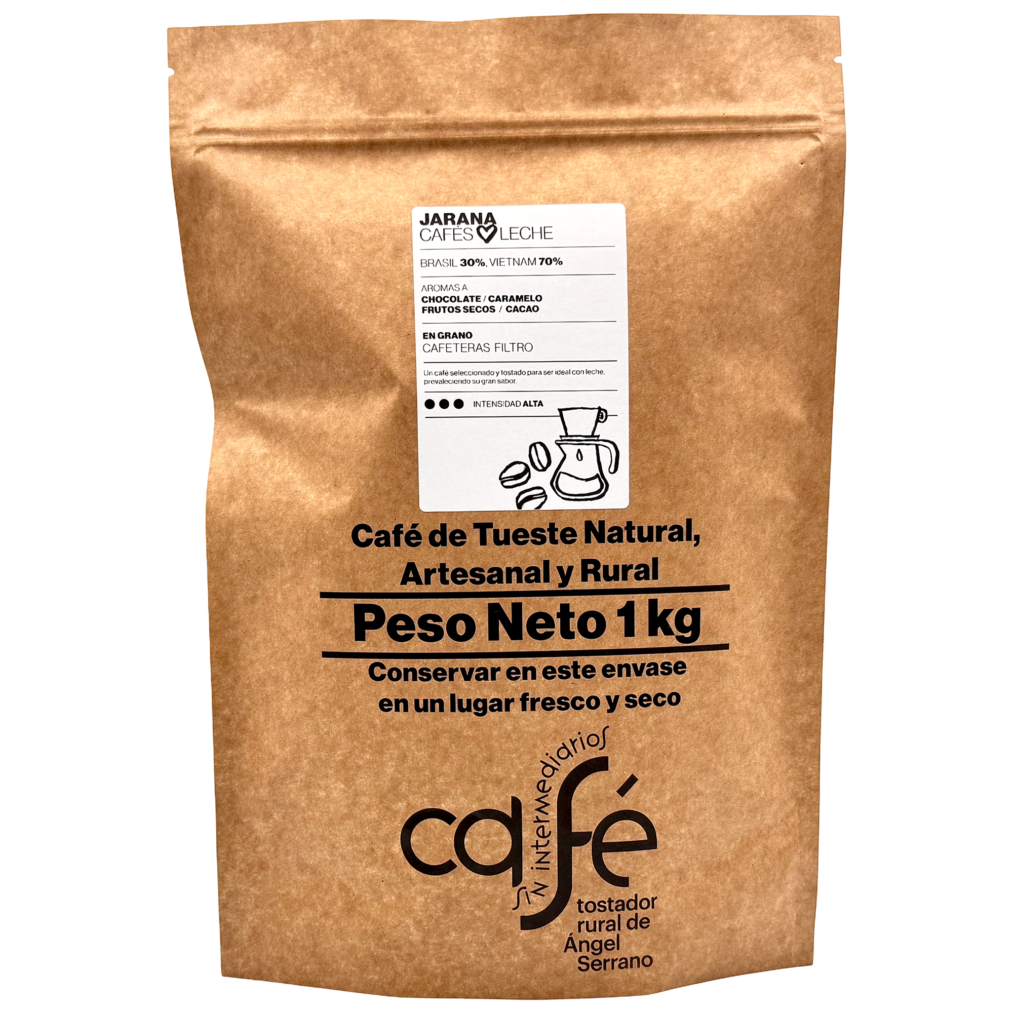 CAFÉ SIN INTERMEDIARIOS - Café de Vietnam y Brasil - Jarana - Ideal para combinar con leche - Intensidad de sabor Alta - Recién tostado y envasado - 1 Kg Grano o Molido (Exprés, Filtro, Italiana, Americana, Superautomática)