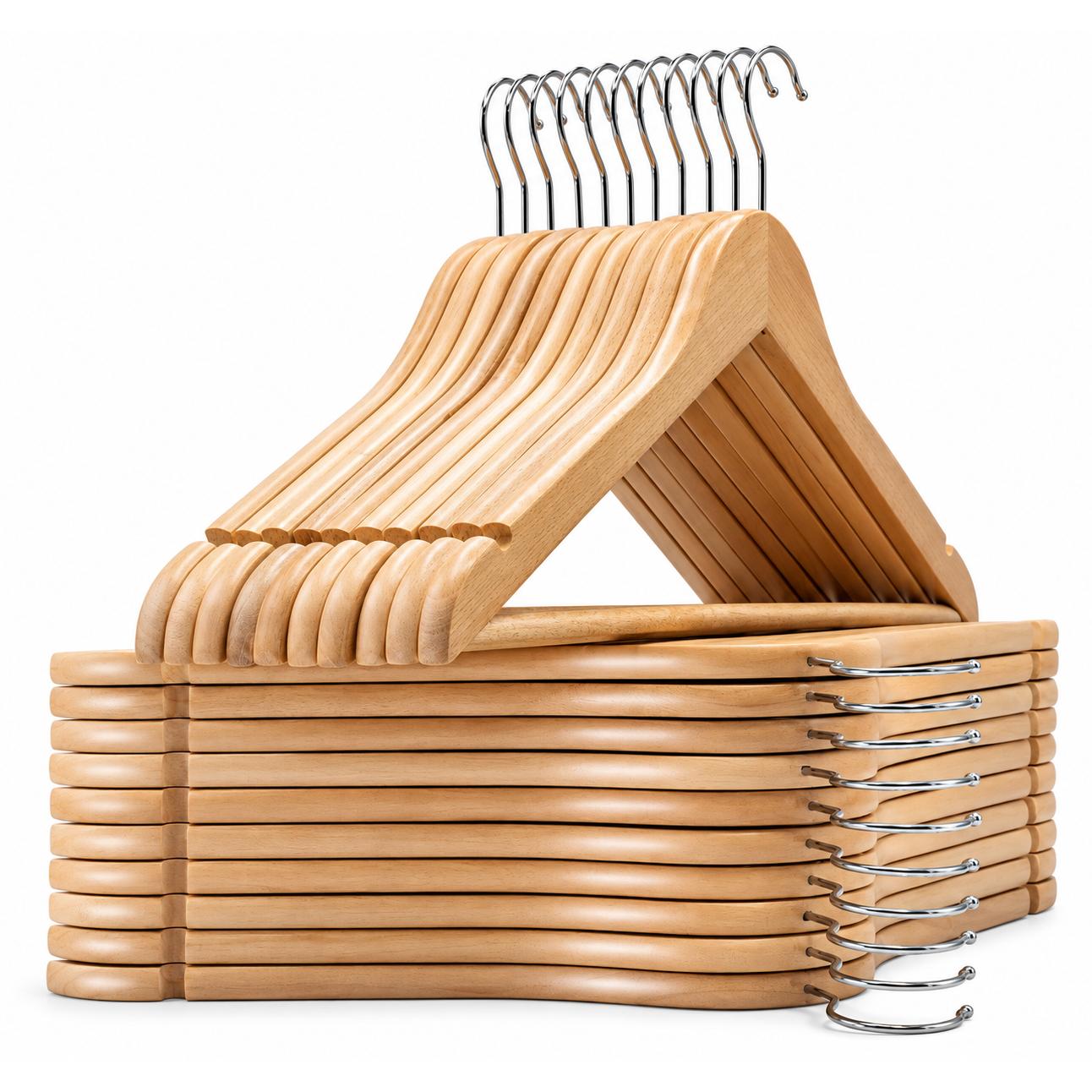 Percha de Madera Natural, Perchas para Ropa con Gancho Metálico Giratorio y Barra para Pantalones, Perchas Resistentes para Armario, Camisas, Chaquetas, Abrigos, Vestidos y Pantalones