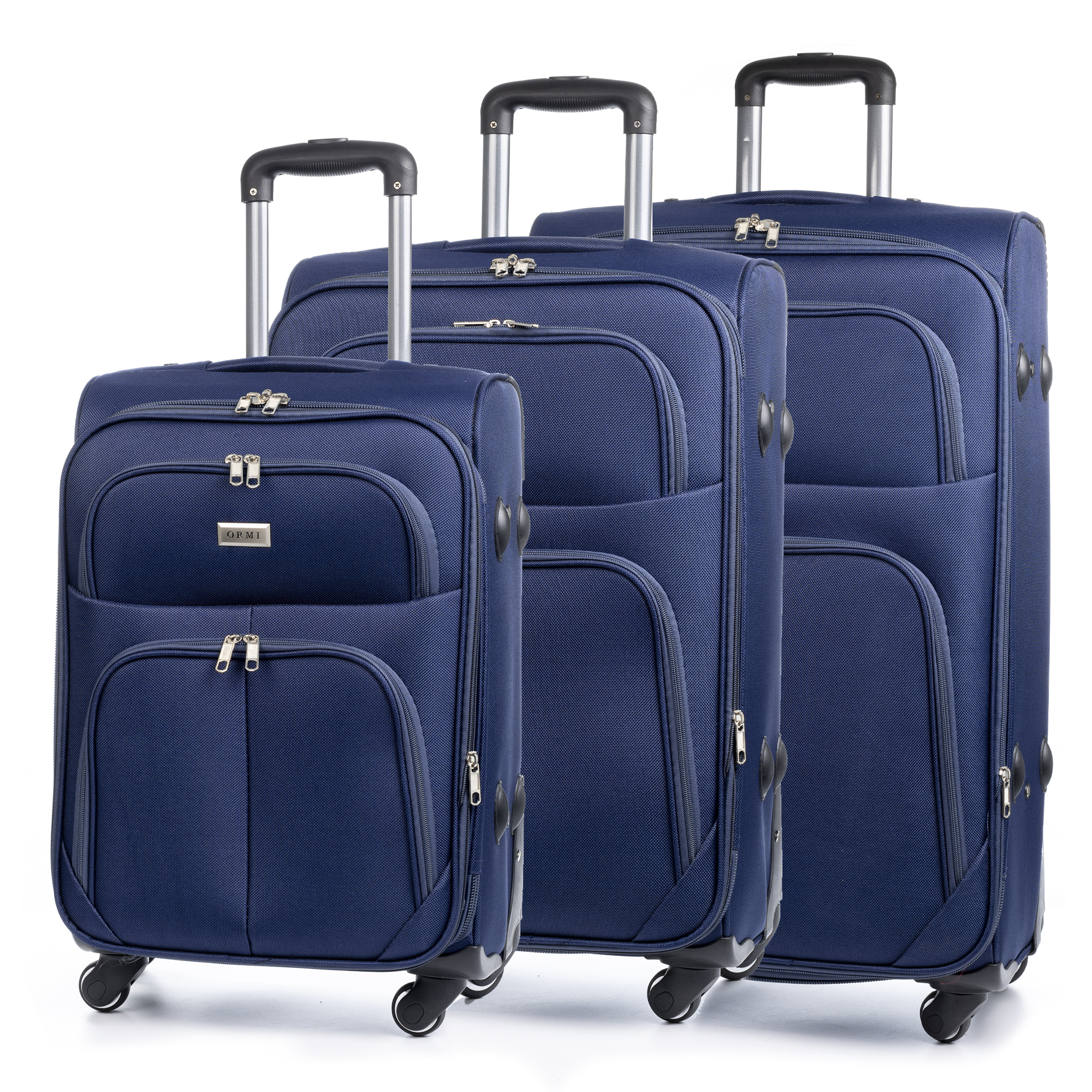 DAM Juego de 3 maletas Trolley extensibles de tela, semirrígidas. Cerradura numérica, 4 ruedas giratorias 360°. 45x29x75 Cm.