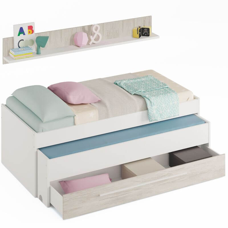 MOBELCENTER - Cama Nido Juvenil Elliot 2 Camas 1 Cajón 1 Estante - Color Blanco Artik y Blanco Velho - Ancho: 199cm x Fondo: 96cm x Alto: 65cm (1383)