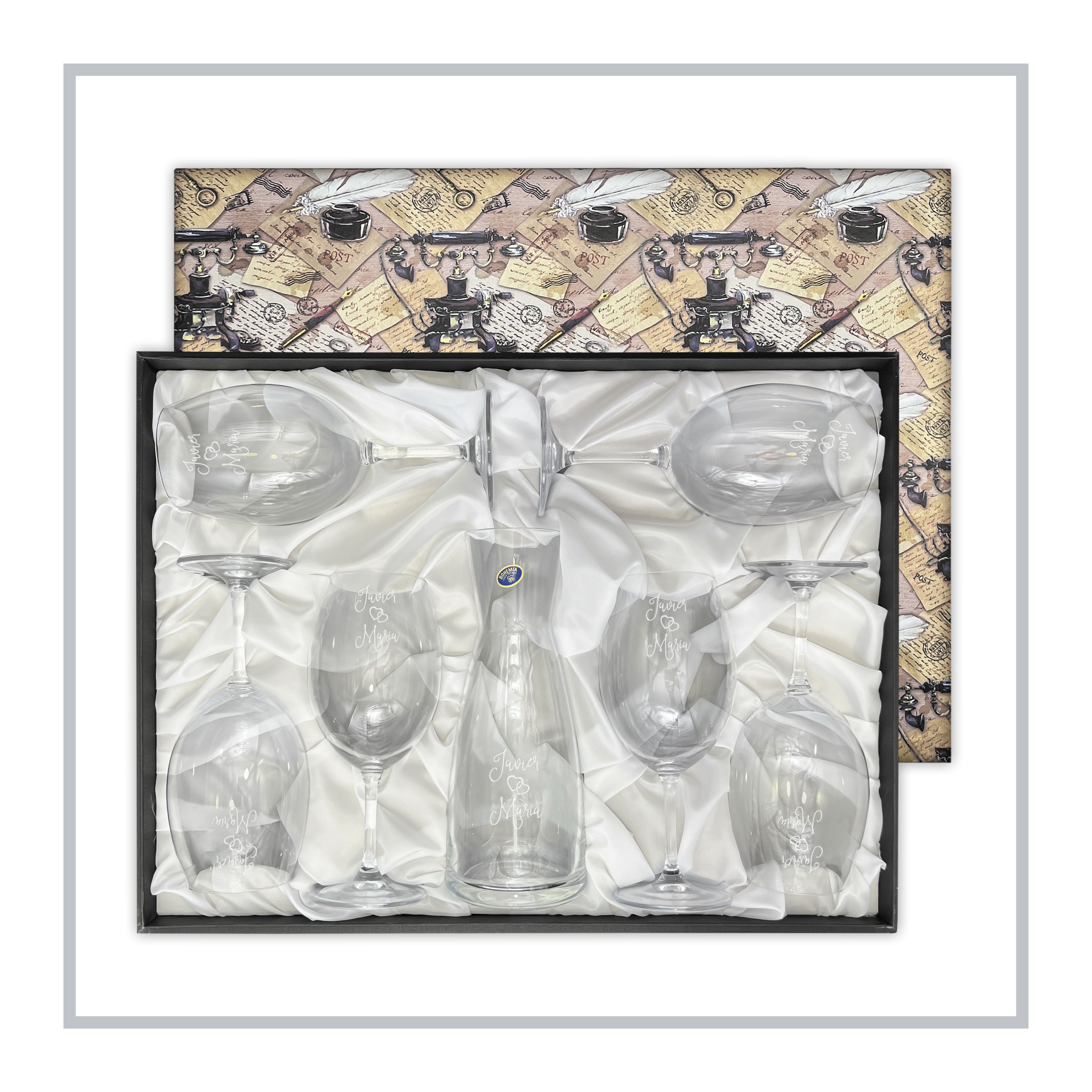 RegaloVip.es - Pack 6 Copas de Vino y Decantador con Estuche Vintage. Cristal de Bohemia, Regalos personalizados y originales, copas personalizadas, brindis con emoción, regalo bodas, 25 aniversario, 50 aniversario, bodas plata, bodas de oro.