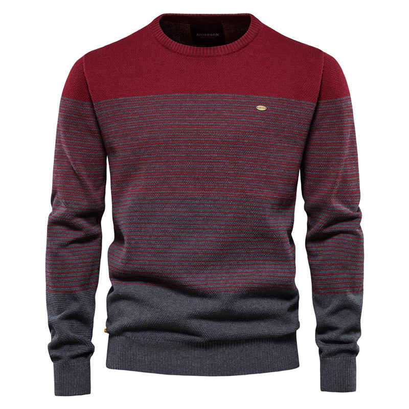 TK Suéter de punto a rayas para hombre, estilo retro, manga larga, corte ajustado, cuello redondo, ideal para otoño/invierno.