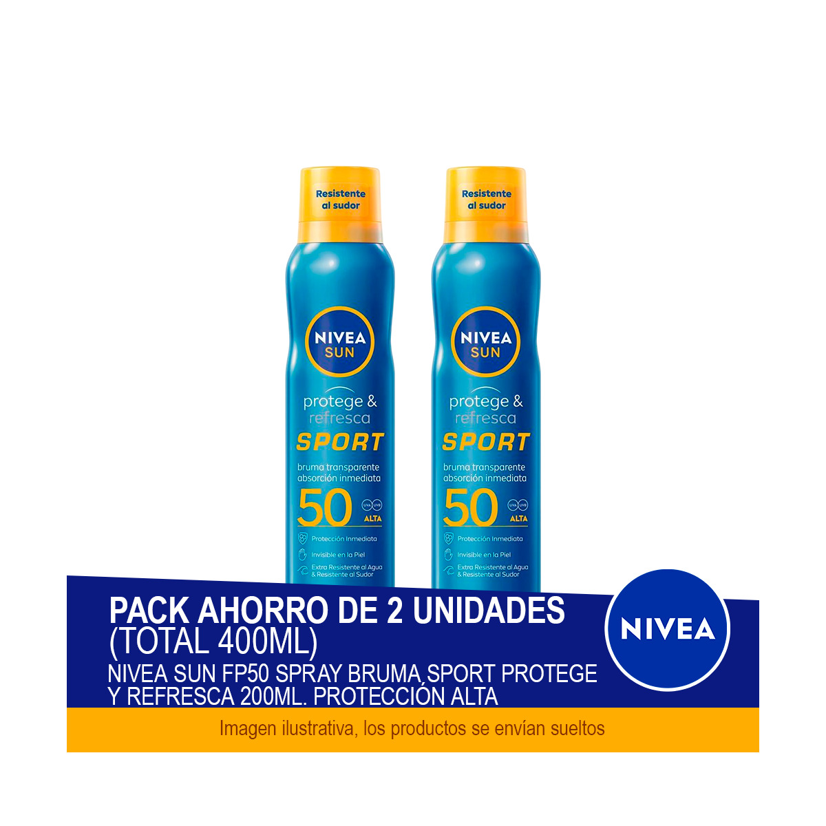 NIVEA SUN FP50 Spray Bruma Sport Protege y Refresca 200ml. Protección alta - Pack ahorro de 2 unidades (total 400ml)