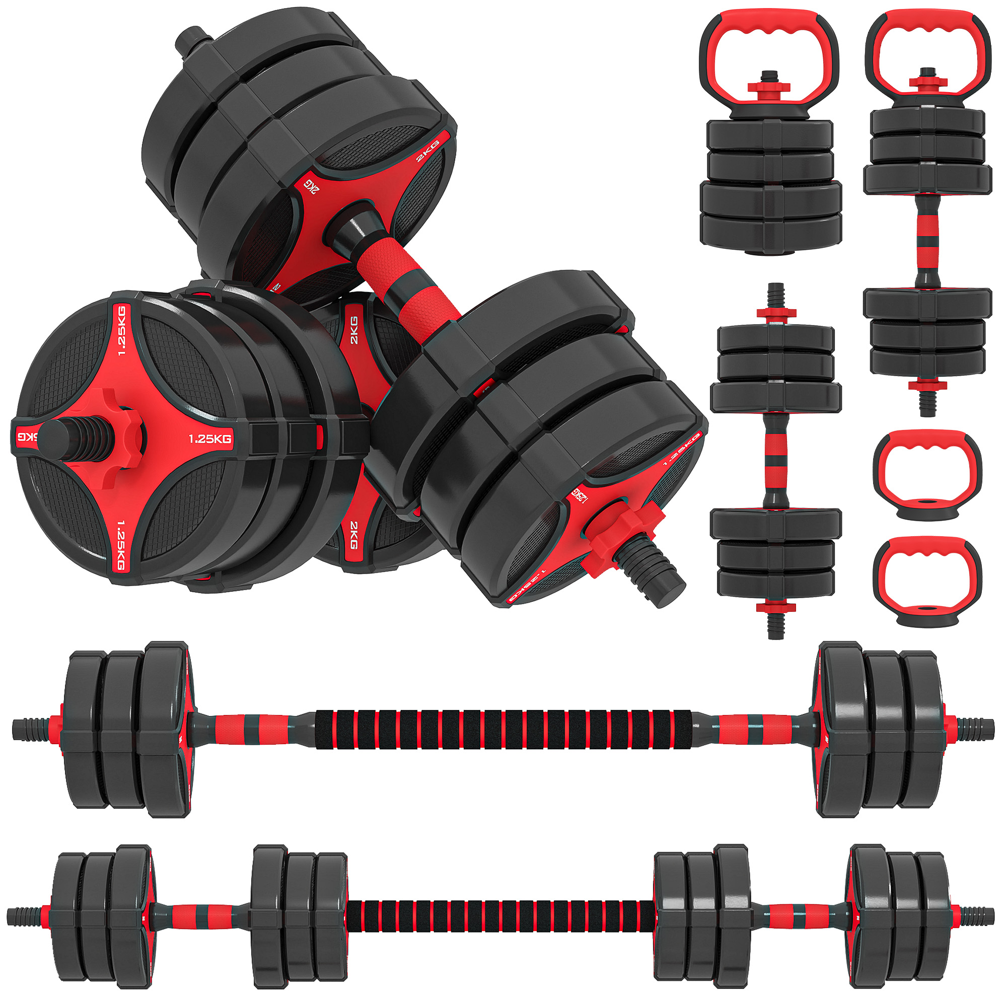 SPORTNOW Juego de Mancuernas Ajustables 5 en 1 20kg, Juego de Pesas como Kettlebell, Barra, Mancuernas o Soporte para Flexiones, Equipo de Fitness para Hombres y Mujeres, Casa Gimnasio, Negro y Rojo