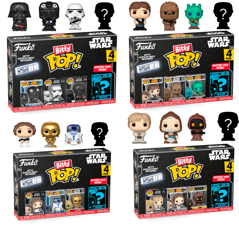 Funko Pack  16 Bitty Pop  Bittys Funko  Pop  Star Wars  (4 packs 4 uds )Darth VAder Luke Skywalker Leia R2-D2 C3po Han Solo Greedo Chewbacca Stotmtrooper Tie Pilot