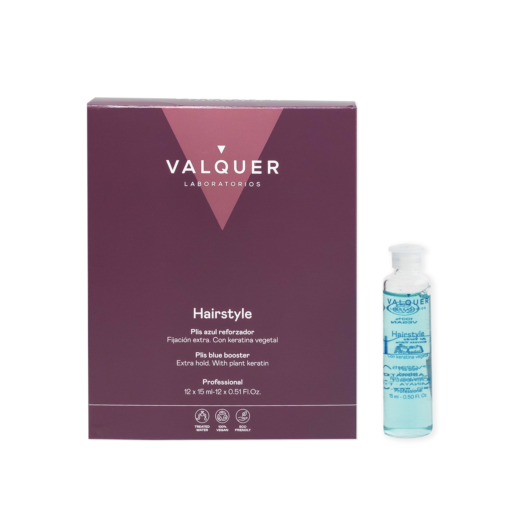 Valquer Laboratorios Plis Azul Reforzador Capilar - 12x15 Ml. Con estas ampollas capilares se conseguirá una fijación extra del peinado, además de que lo facilita mucho y alarga su duración. Aporta volumen, protección y una fijación natural.