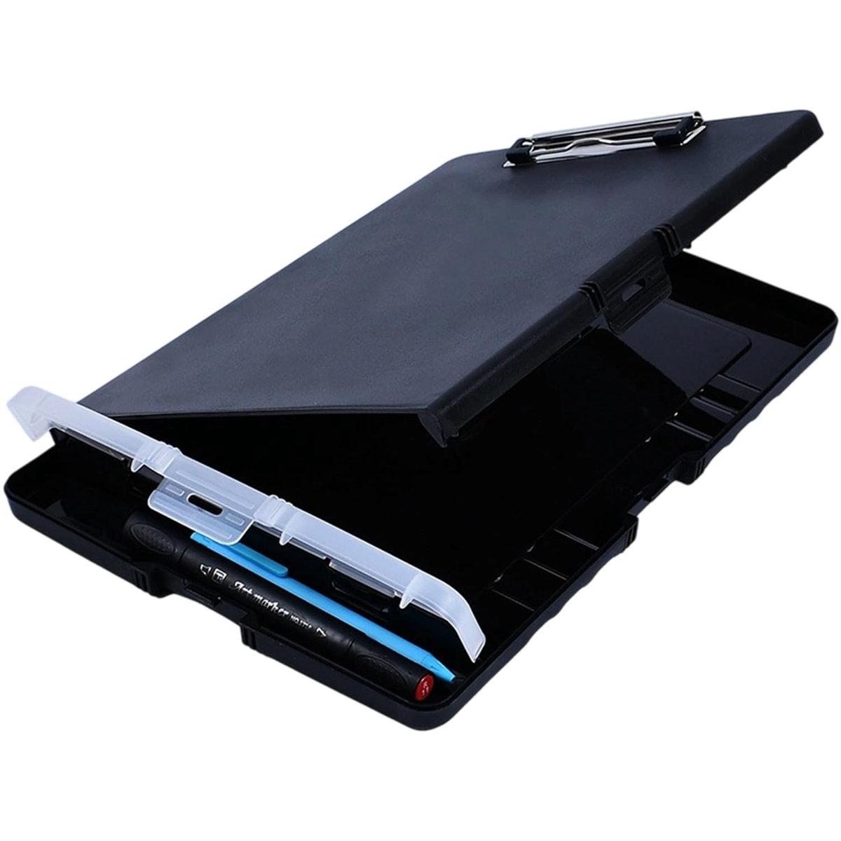 Caja organizadora para carpetas - Almacenamiento para portapapeles - Caja de plástico de perfil bajo con portalápices - Organizador con apertura lateral - Ideal para enfermeras, profesores y estudiantes para organizar material de oficina - Color negro