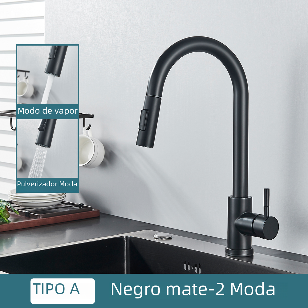 Grifo de Cocina Negro de dos funciones, cóctel extraible de un solo Mango, Grifos de Agua Caliente y fría Montadas en cubierta