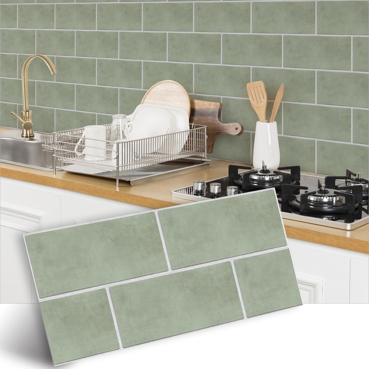 Juego de 12 adhesivos para azulejos de suelo y pared - Adhesivos para azulejos - Adhesivos autoadhesivos para pared - Adhesivos antideslizantes para azulejos - 3D - Autoadhesivos para cocinas y baños - Adhesivos de PVC para suelo - Verde salvia - 30 x 15