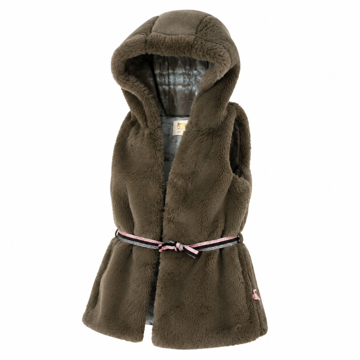 Chaleco de Pelo Corto Marrón Otoño Invierno con Capucha para Niña y Lazo en Cintura Brillante Chaleco Infantil Niña 4 a 18 años