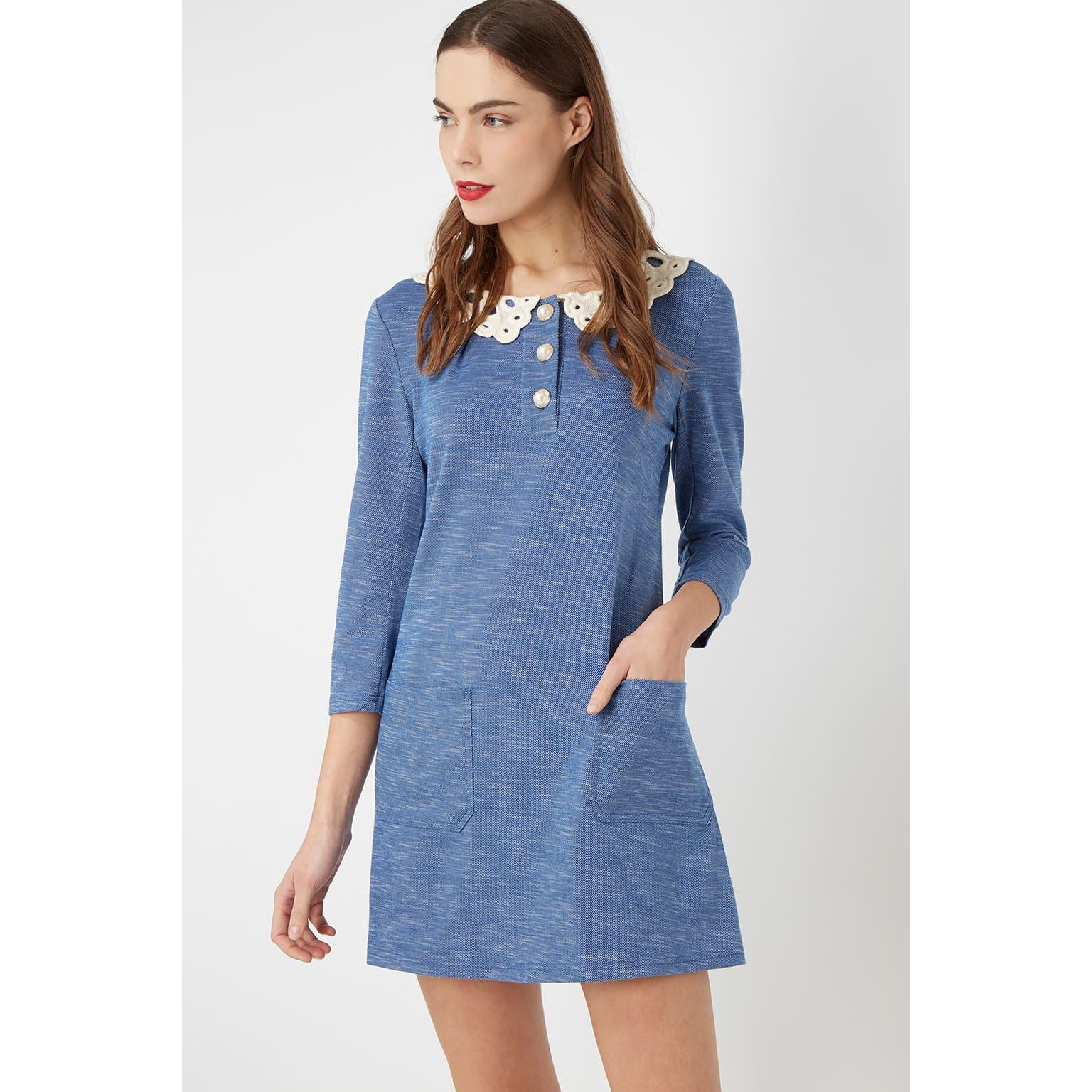 Vestido mini mujer jaspeado estilo casual outfit cuello bebé detalle crochet botones decorativos manga 3/4 bolsillos frontales tejido suave talla 38 azul cómodo versátil ✅Entrega 24/48h