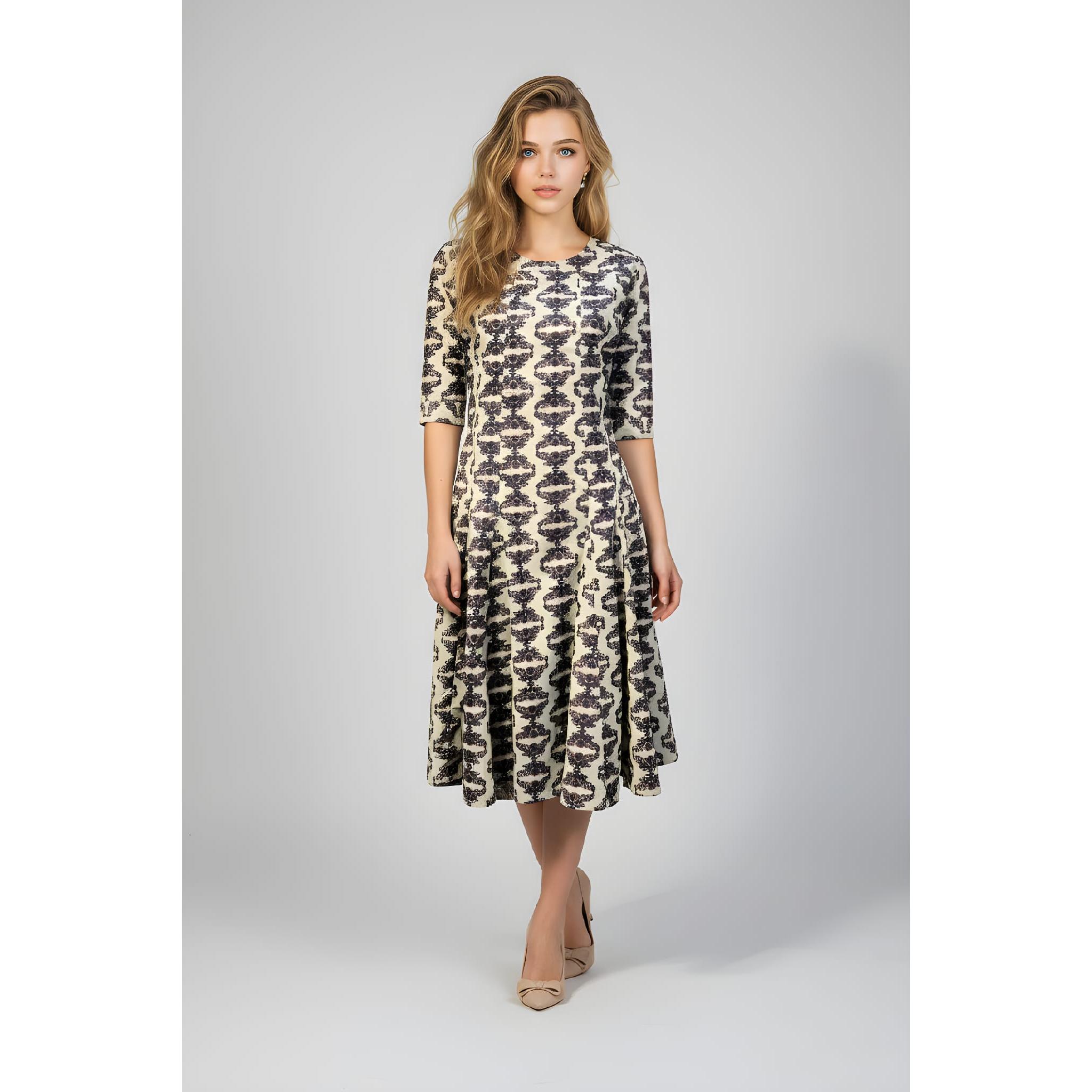 Descubre nuestro vestido midi 100% algodón con un diseño estampado vibrante, falda con vuelo y manga 3/4. Comodidad y estilo garantizados. Imprescindible- REF;: D334