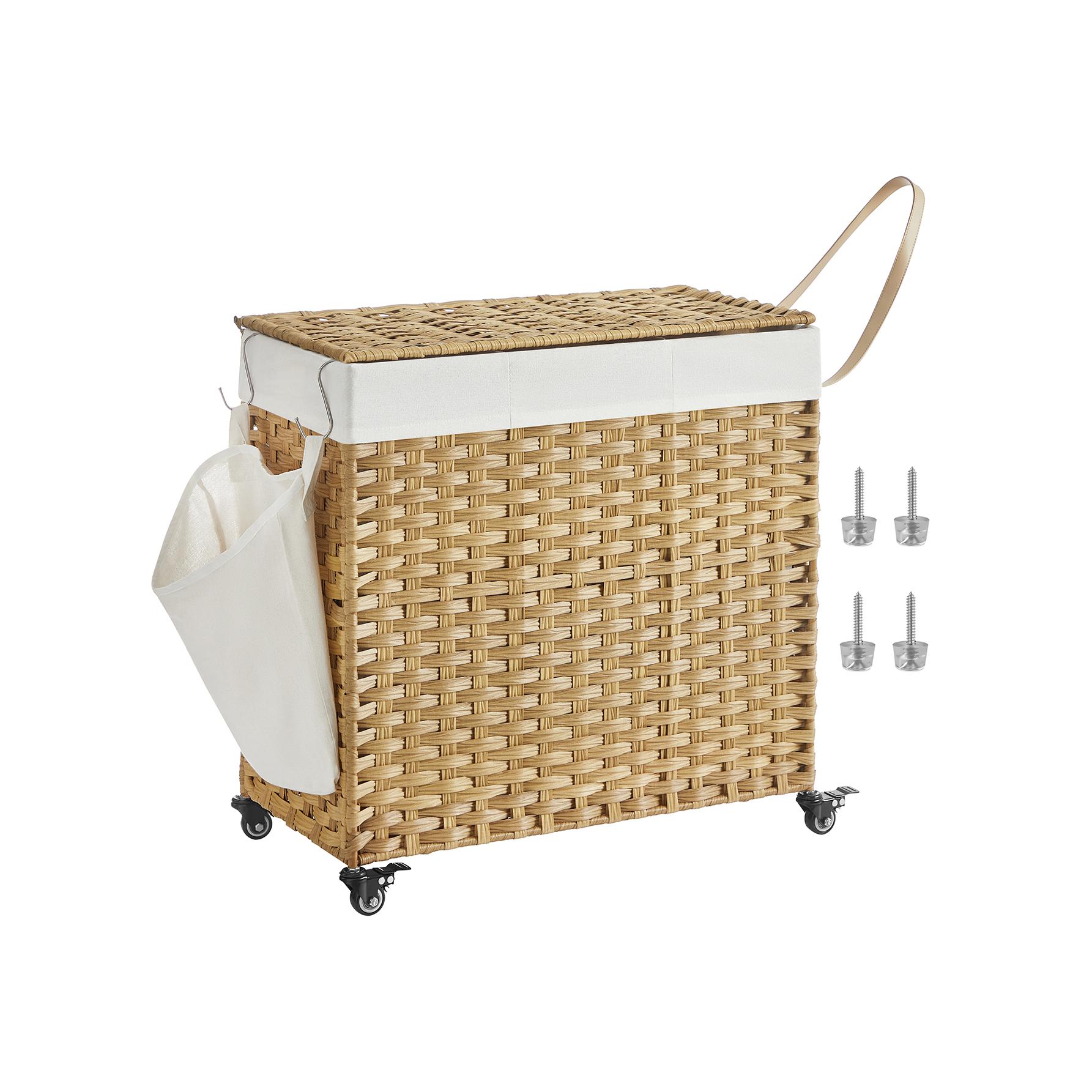 SONGMICS Cesto Ropa Sucia con Tapa, 140 L/160L, Cesta Colada Estilo Ratán con Ruedas, con 3 Compartimentos, Bolsa Interior Extraíble, para Lavandería, Dormitorio, Natural