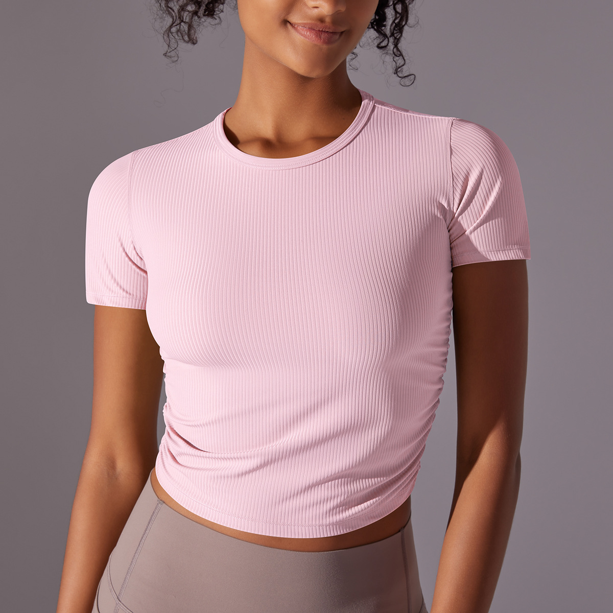 CA Camiseta de manga Corto de Yoga para Mujer, tejido acanalado de Color sólido, Short Top ajustado para Gimnasio, Chaleco transpirable de secado rápido para correr, ropa Deportiva