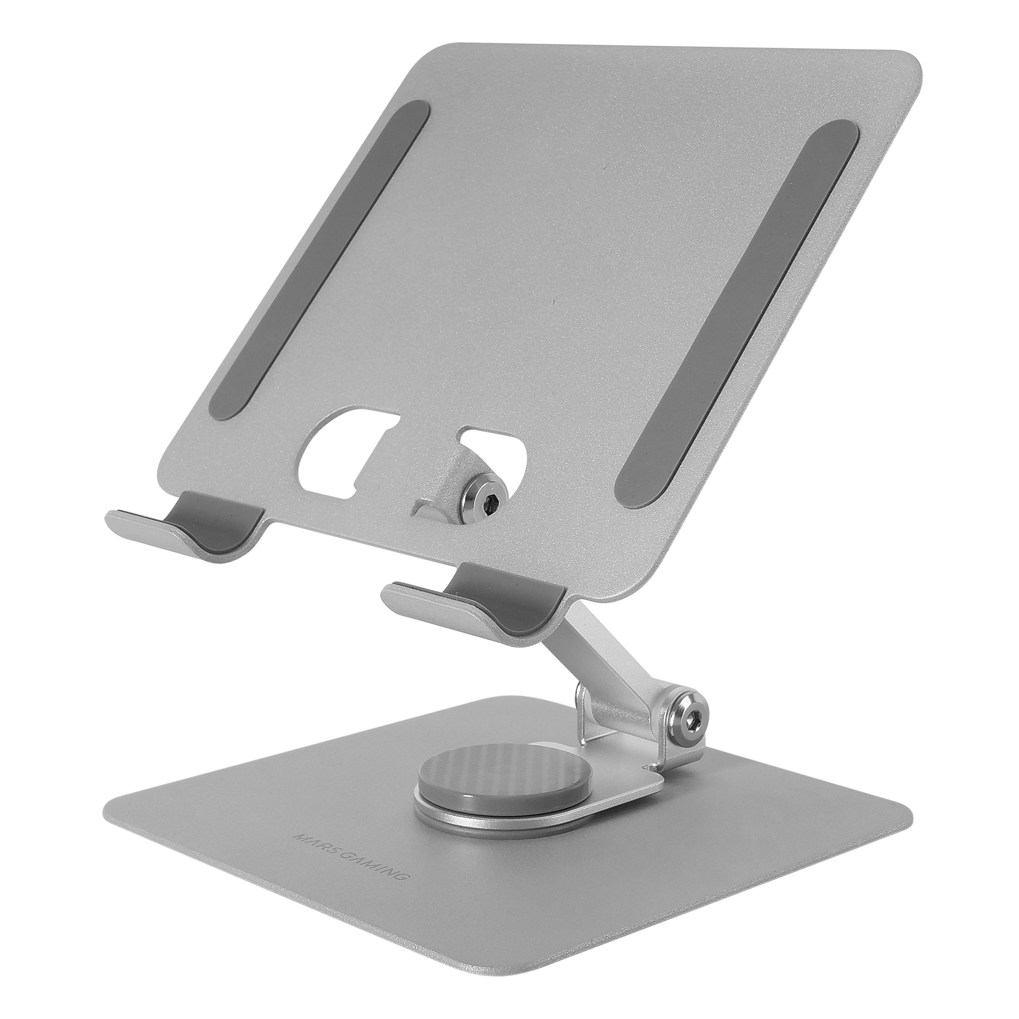 Mars Gaming MA-RST, Soporte para Tablet y Convertibles 2en1 hasta 13", Giratorio 360º + Ajustable en Altura y Ángulo 180º, Soporte Tablet Plegable de Acero Liviano, Antideslizante, Soporte Negro o Gris Plata