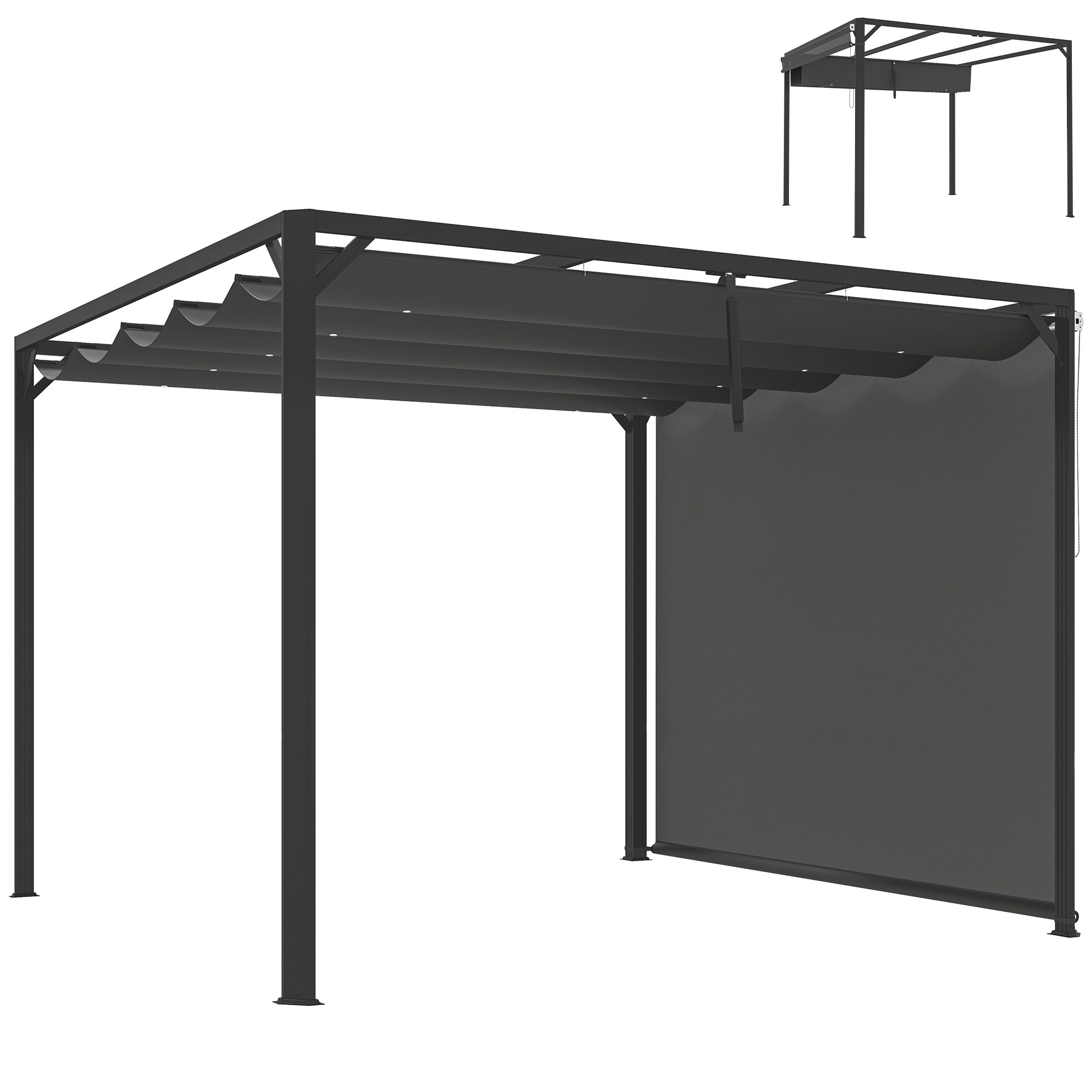Outsunny Pérgola de Jardín 3x3 m con Techo Retráctil y Pared Lateral Enrollable, Cenador de Jardín con Estructura de Aluminio, UPF30+, Pabellón para Exterior, Patio, Terraza, Gris Oscuro