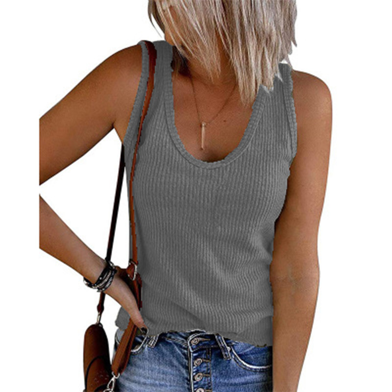 TK Chaleco Sin Mangas Para Mujer Estilo Callejero De Primavera Y Verano Cuello En U Tejido Ribeteado Suéter De Algodón De Color Sólido
