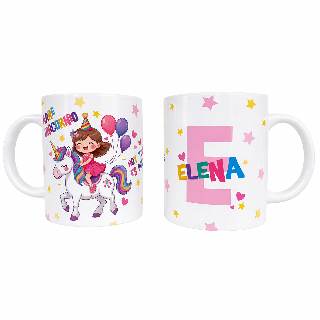 Taza personalizada con nombre Enna Blues Designs cumpleaños felicidades regalo niña unicornios inicial navidad globos fiesta