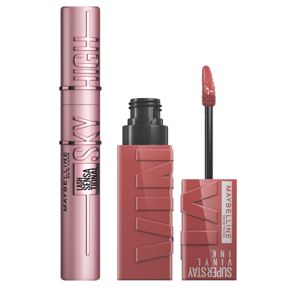 Maybelline New York | Kit rutina de maquillaje con la máscara de pestañas Sky High Tono Negro y el pintalabios Superstay Vinyl Ink efecto vinilo fijo, en Tono 35 Cheeky