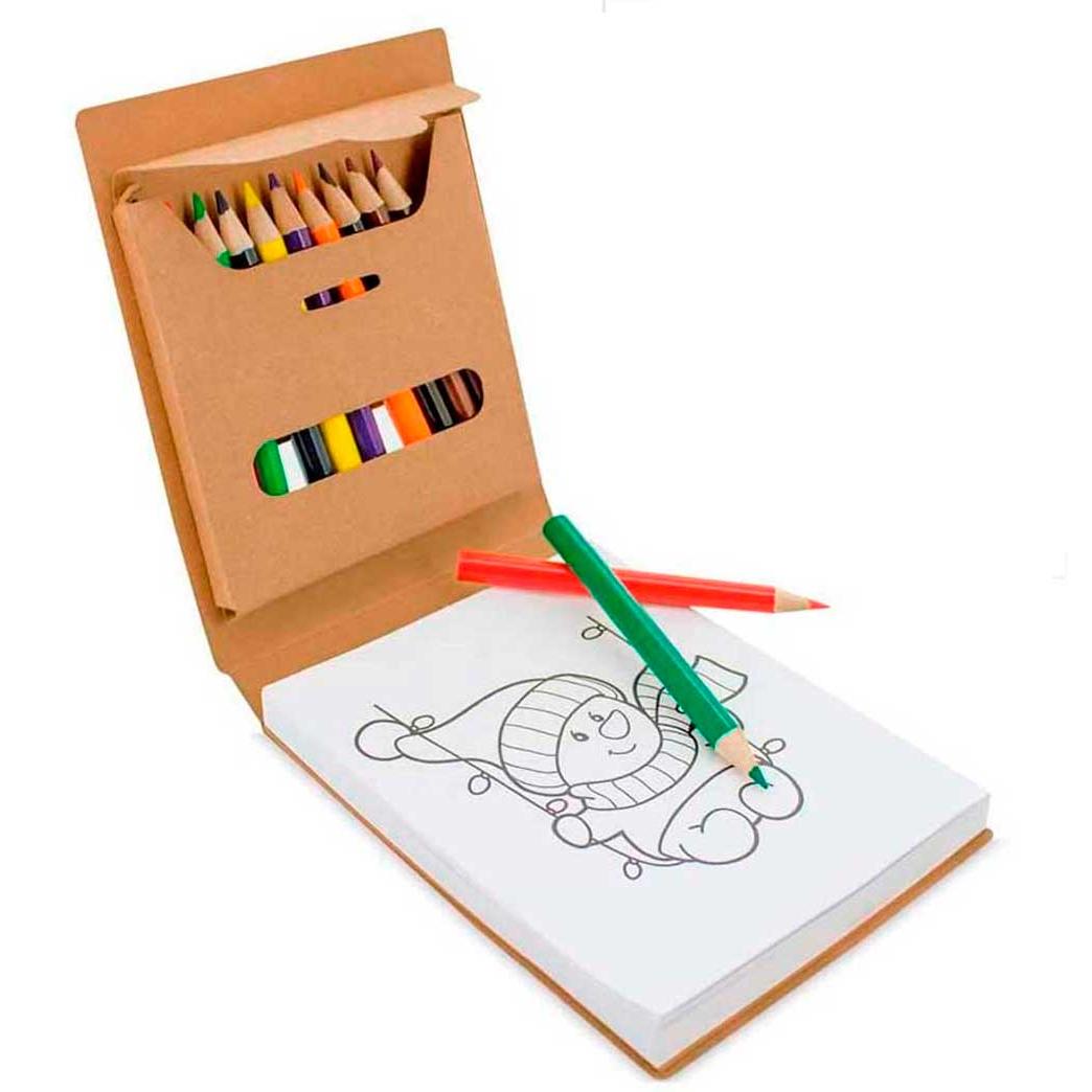 Libretas infantiles de cartón con 12 lápices en madera de colores variados y 12 Plantillas con diferentes diseños para colorear. Originales regalos para dar como detalles a niños y niñas en fiestas de cumpleaños o eventos en colegios y guarderías.