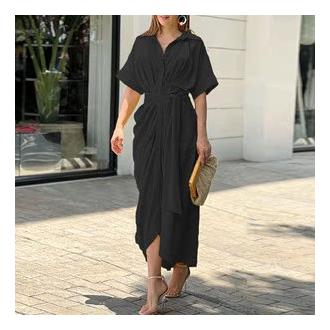 TK 2024 INS Vestido de Verano Impreso con Solapa y Manga Corta con Cinturón - Mujeres