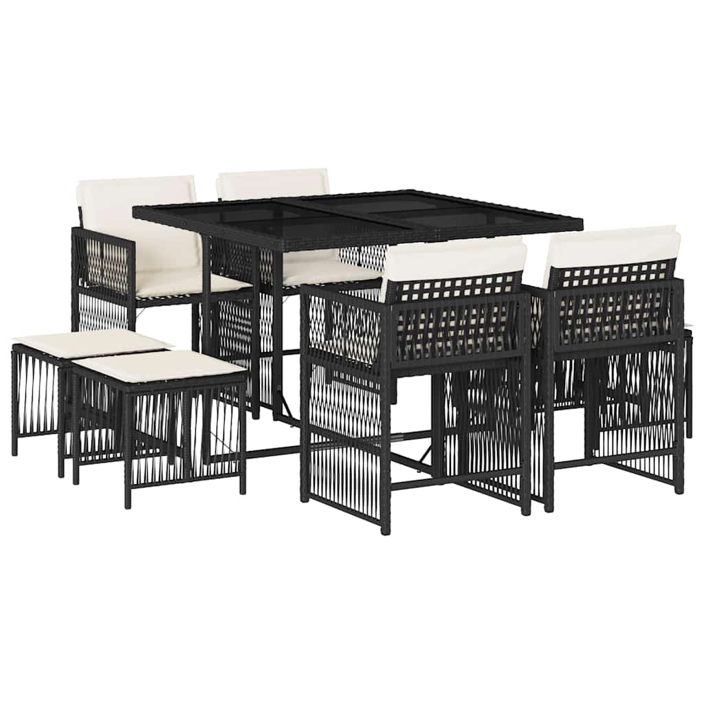 vidaXL Set de comedor de jardín 9 pzas y cojines ratán sintético negro