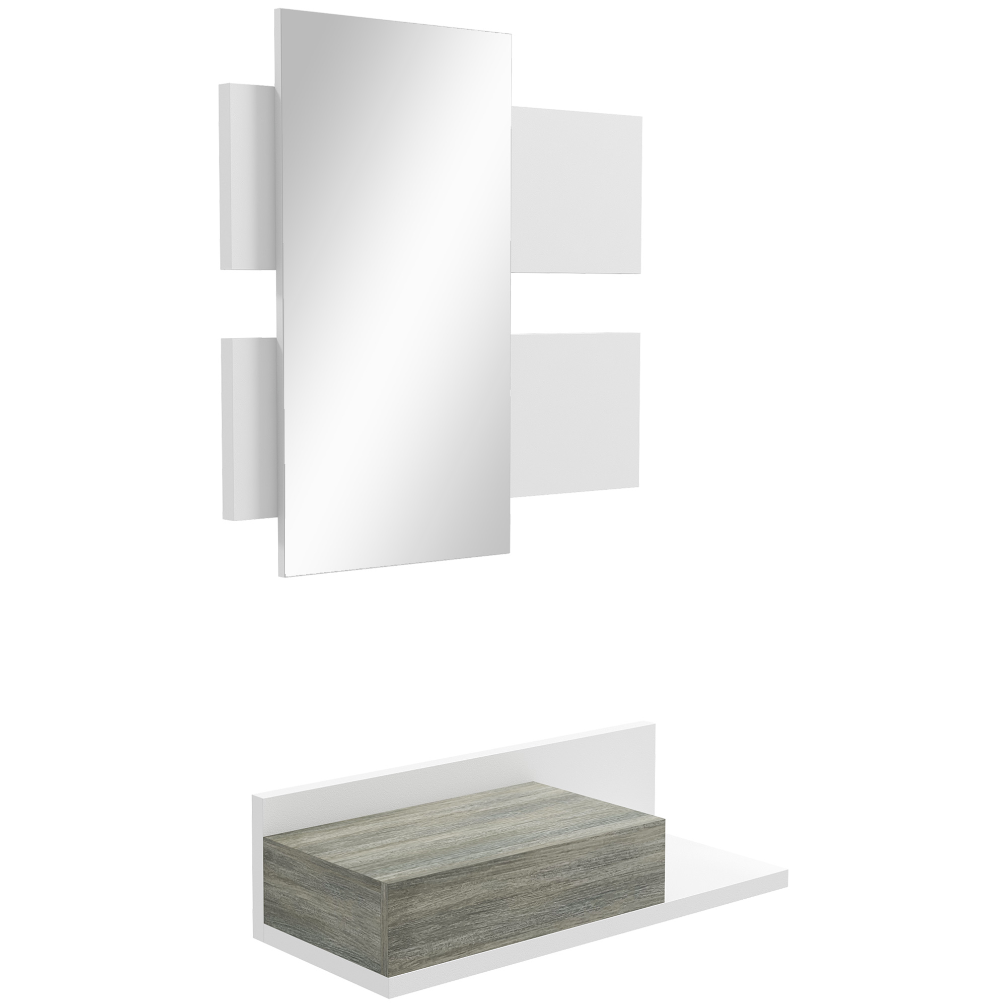 HOMCOM Juego de Muebles de Entrada Recibidor con Espejo y Cajón Recibidor Colgante para Pasillo Estilo Moderno 75x3,5x75 cm y 75x30,5x20 cm Blanco y Gris