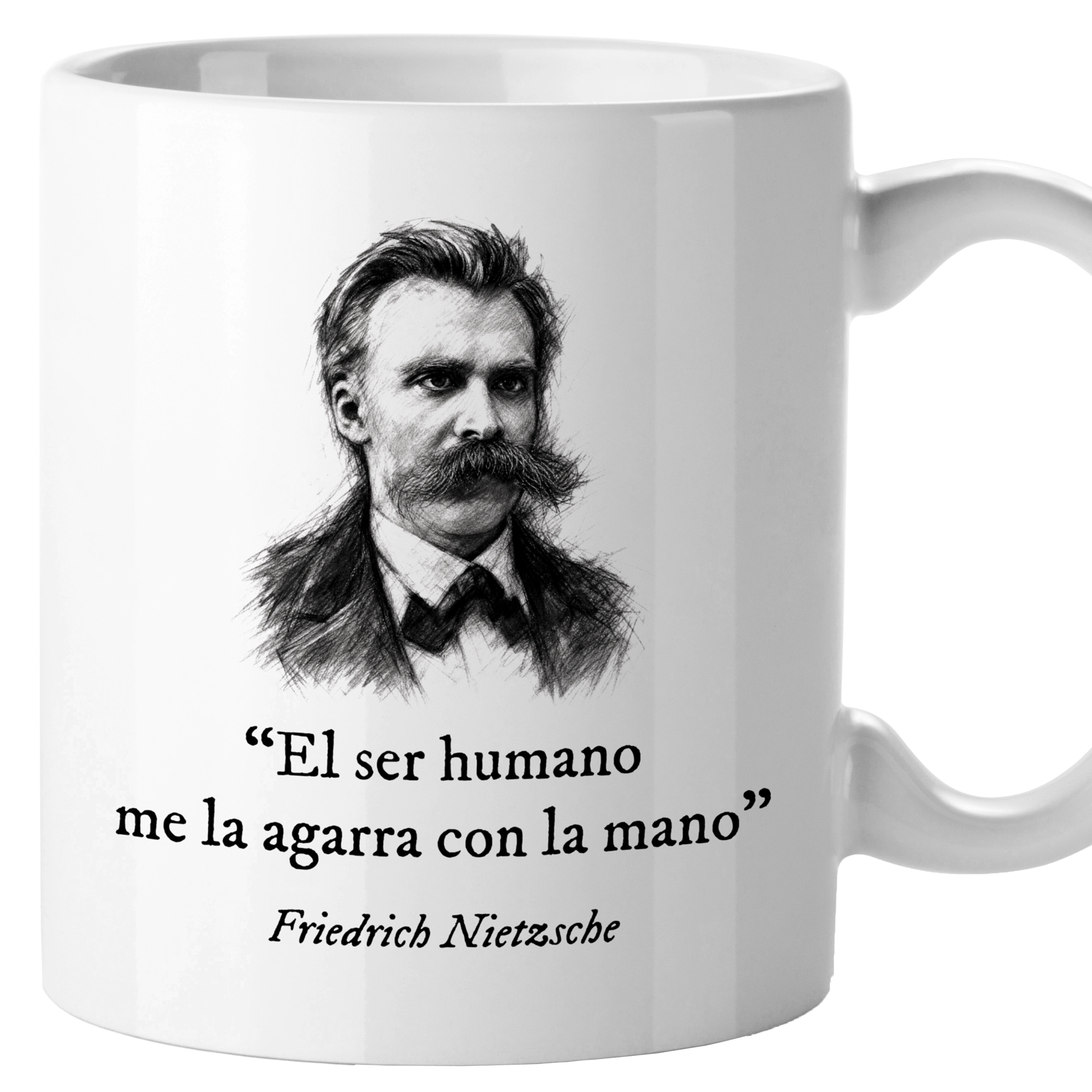 El Kraken - Taza divertida 'El ser humano me la agarra con la mano. Nietzsche' de cerámica 330 mL , tazas originales, mensaje gracioso, humor, ideal para amigo invisible, compañeros de trabajo, oficina