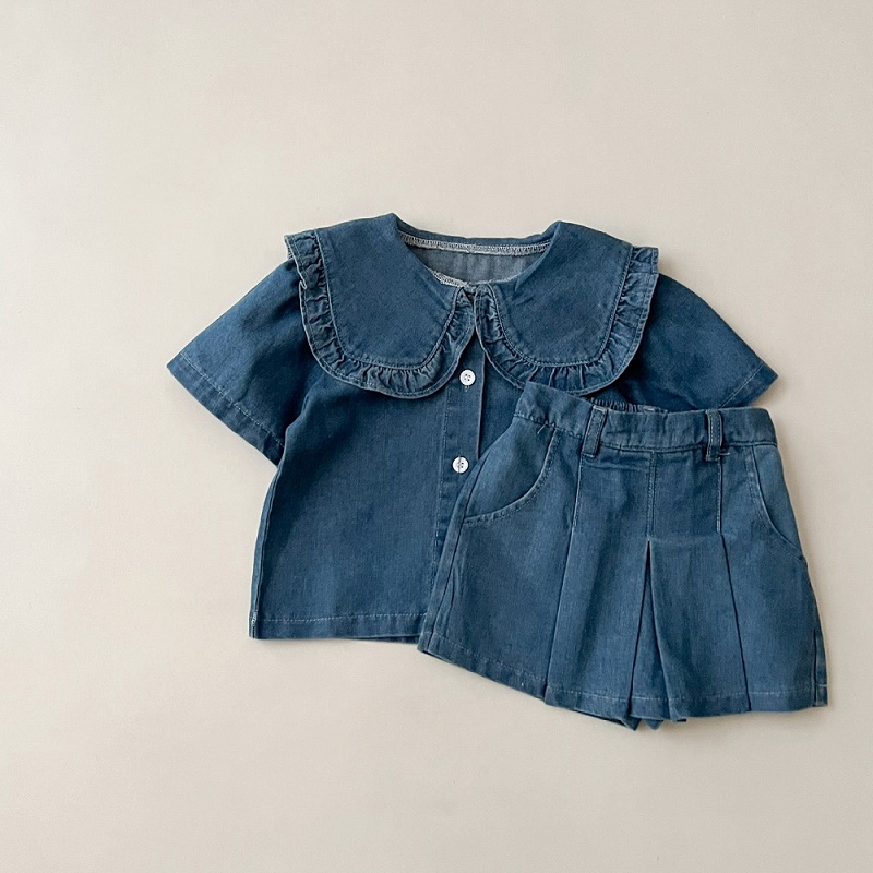 TK Ropa De Verano Para Niñas Conjunto De Denim Con Cuello Redondo De Color Sólido Top+Falda Corta Estilo Coreano Casual Para Bebés