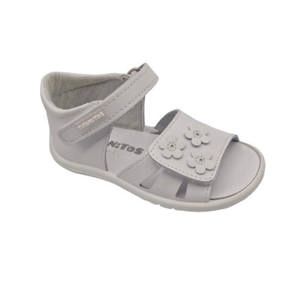 Sandalias De Piel Lavable Barefoot Para Niñas, Marca Titanitos, En Color Blanco Y Blanco Con Rosa. Titanitos L500 Ramo