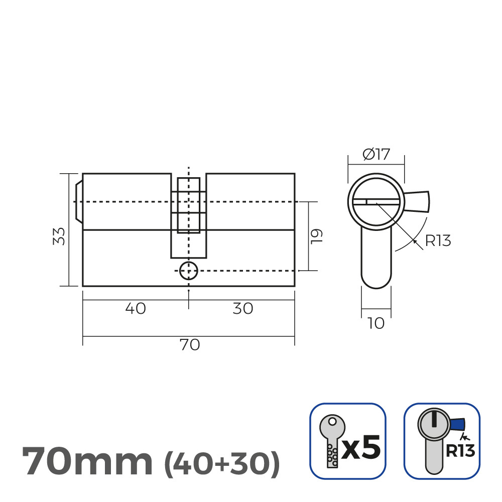 bombin de laton 70mm (40+30mm) leva corta r13 con 5 llaves de seguridad incluidas edm