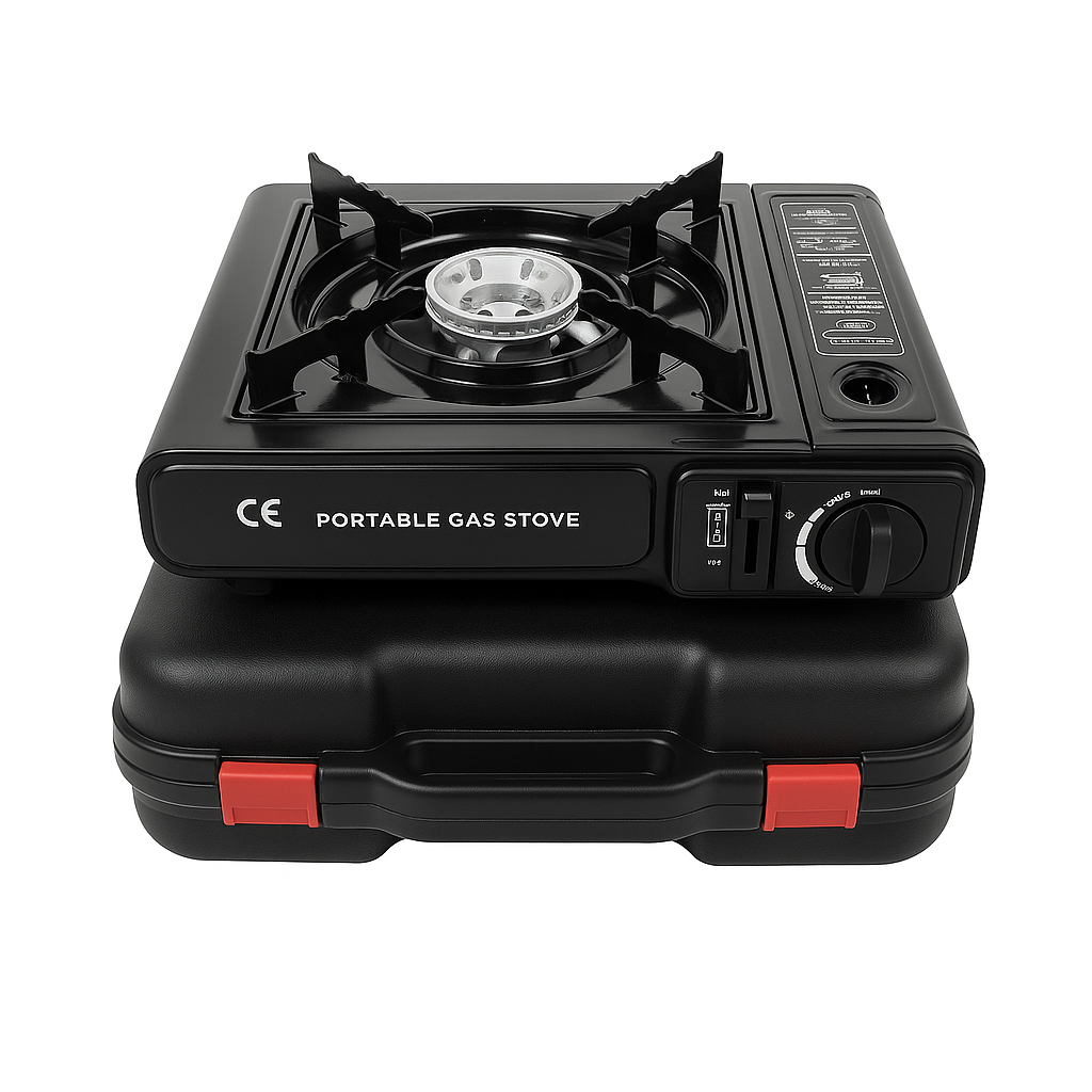 Estufa de Gas ADM Portátil DUAL de Camping con Maletín de Transporte – Un Quemador, Encendido Piezoeléctrico y Control de Llama Ajustable