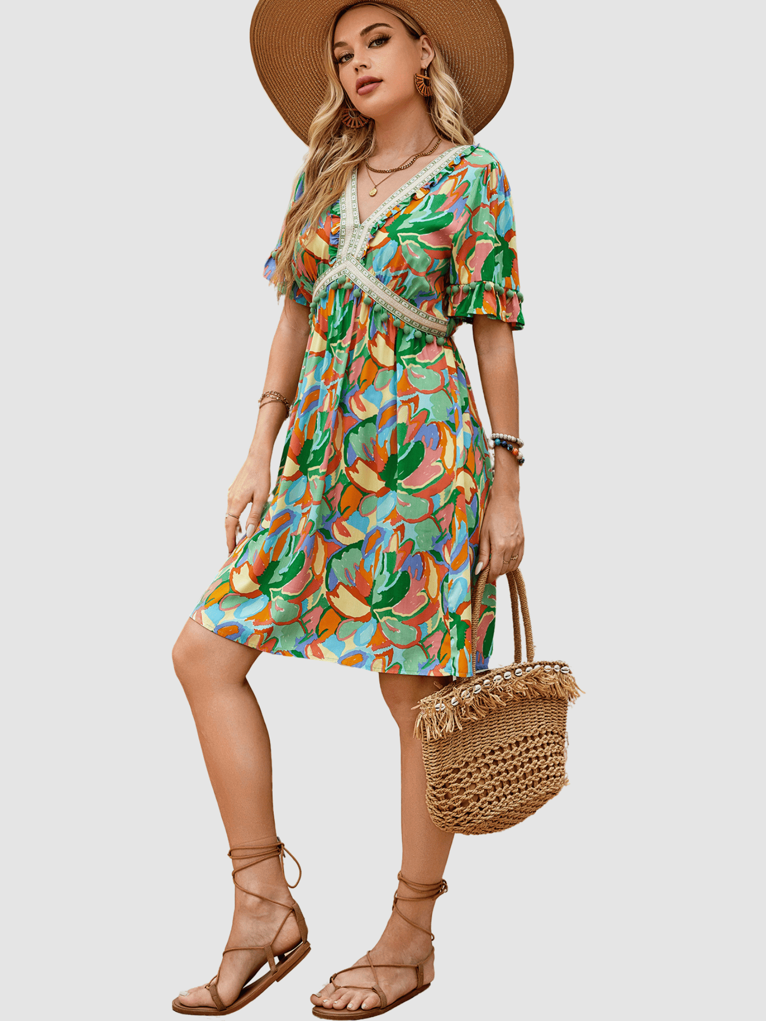Vestido corto boho mujer, dress estampado floral, cuello redondo, escote V bordado, manga corta volante, borlas decorativas, cintura elástica, modelo AN-030989, color verde, talla 38, elegante cómodo versátil ✅Entrega 24/48h