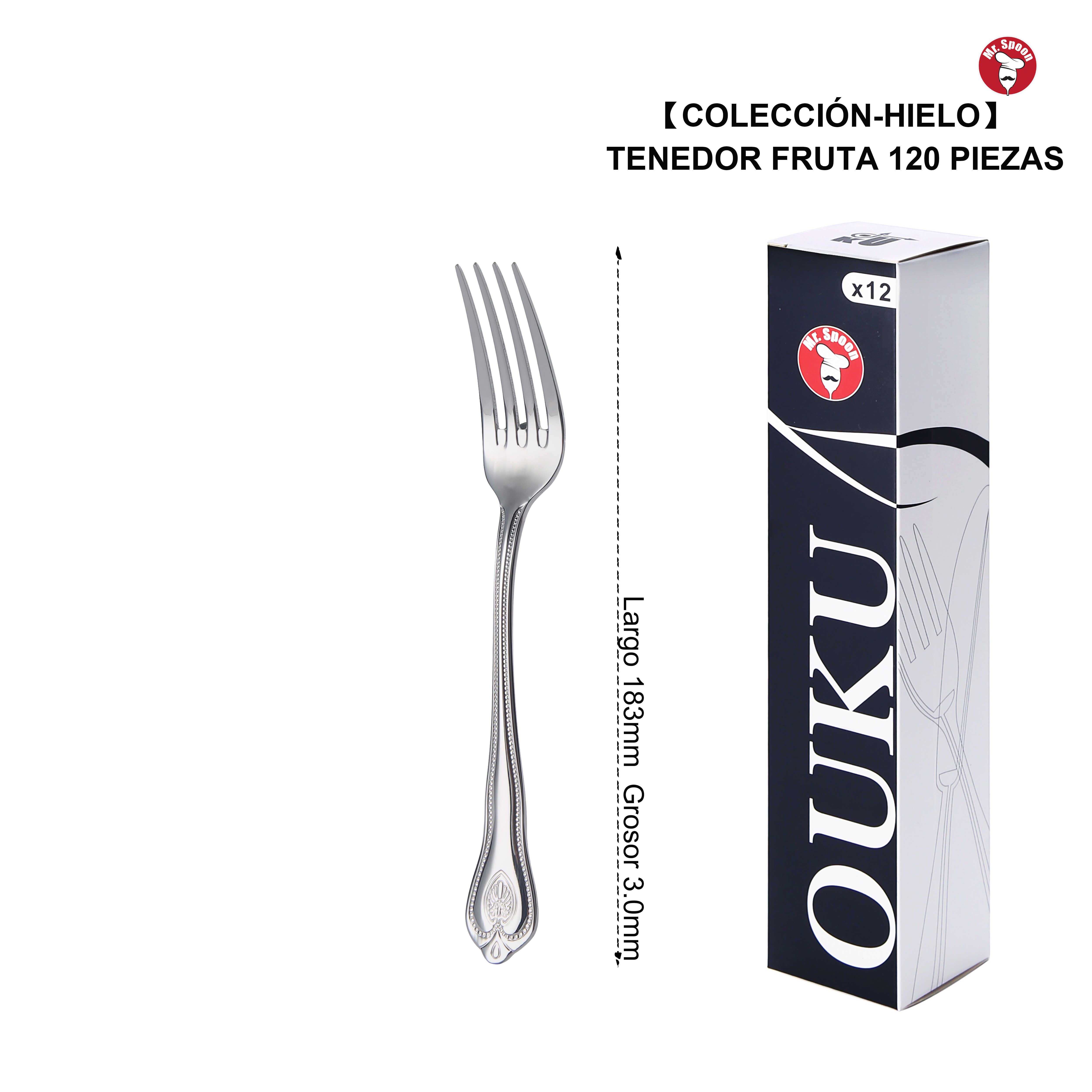 Mr.Spoon Serie Hielo Tenedores 12, 48 o 120 piezas,Acero inoxidable 18/10,Alta calidad y acabado,Tenedor mesa largo 204mm,tenedor fruta 183mm,tenedor postre 155mm,Mango monobloque,Apto para lavavajillas,Empaque ecológico,Para casa,hotel,restaurante