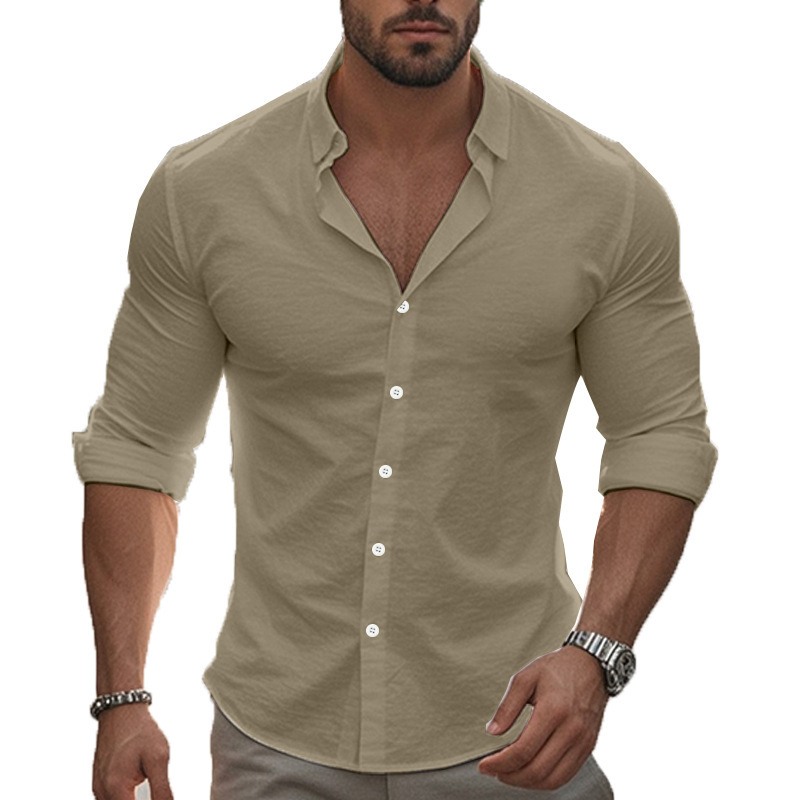 CA Camisa informal de manga larga de color liso para hombre, camisa playera de algodón con solapa y botones, de manga larga