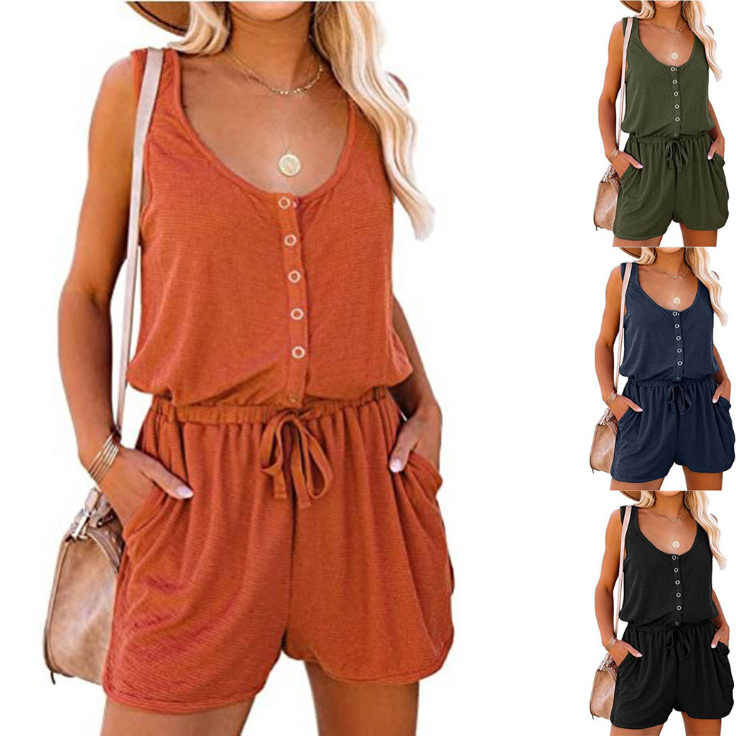 Mono informal de verano para mujer, cuello redondo, sin mangas, con bolsillos