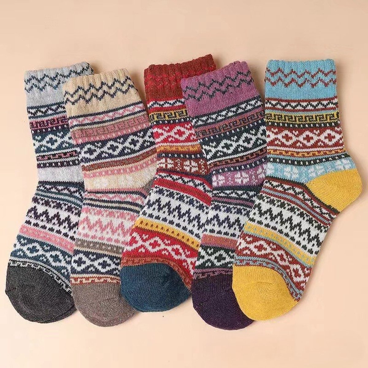 5 paar dames thermische sokken, winter thermische sokken, lange wintersokken, retro fleecegevoerde en verdikte sokken, halfhoge tapijtsokken.Kleurrijke rondingen