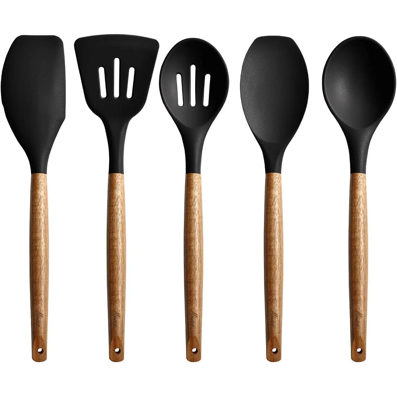 CA Juego de utensilios de cocina de silicona antiadherente, con mango de Madera de Acacia natural, 5 Unidades