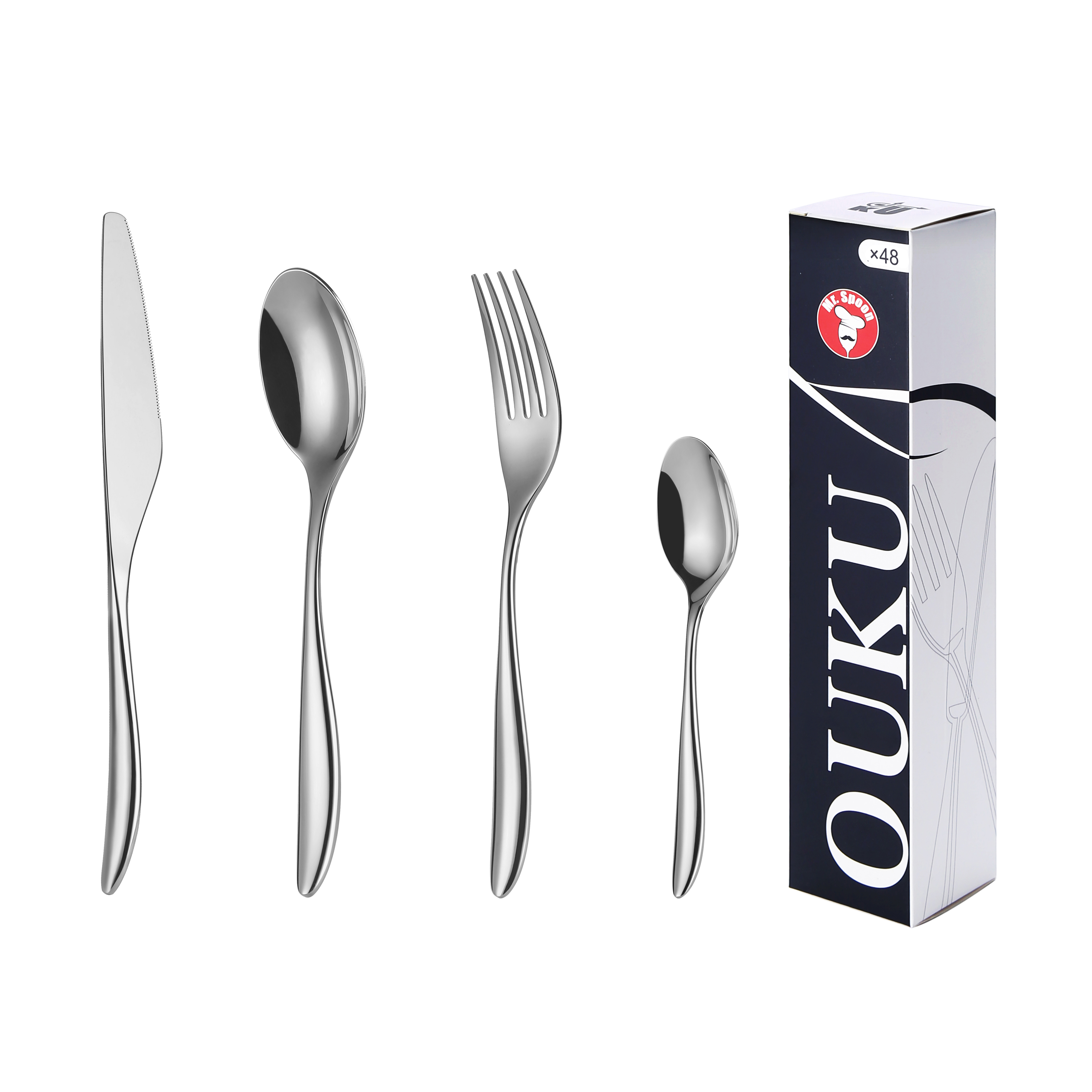 Mr.Spoon Serie Luz Juego de 24 a 48 piezas cubiertos, Acero inox18/10, Alta calidad y acabado. Incluye cuchillo carne o mesa, tenedor, cuchara y cucharilla. Diseño moderno y elegante, Apto para lavavajillas. Con estuche regalo o caja ecológica.60541