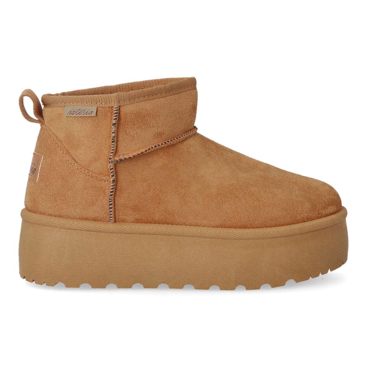 ISTERIA - Botines australianos bajos con plataforma de 5 cm, forro de pelo sintético y suela gruesa de goma, color camel, 100% vegano