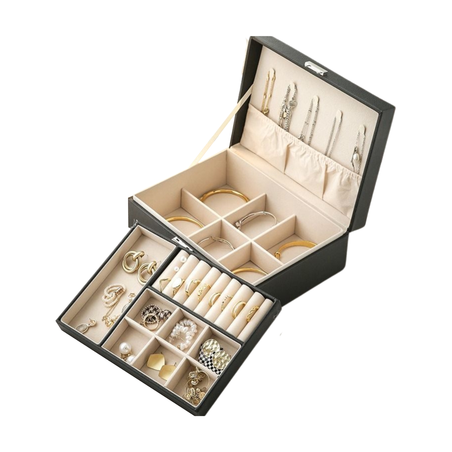 LUTODY - Organizador de joyas, 2 niveles, Terciopelo, Polipiel con cajonera, Expositor elegante y funcional para bisutería, collares, anillos, pendientes, pulseras, brazales y colgantes