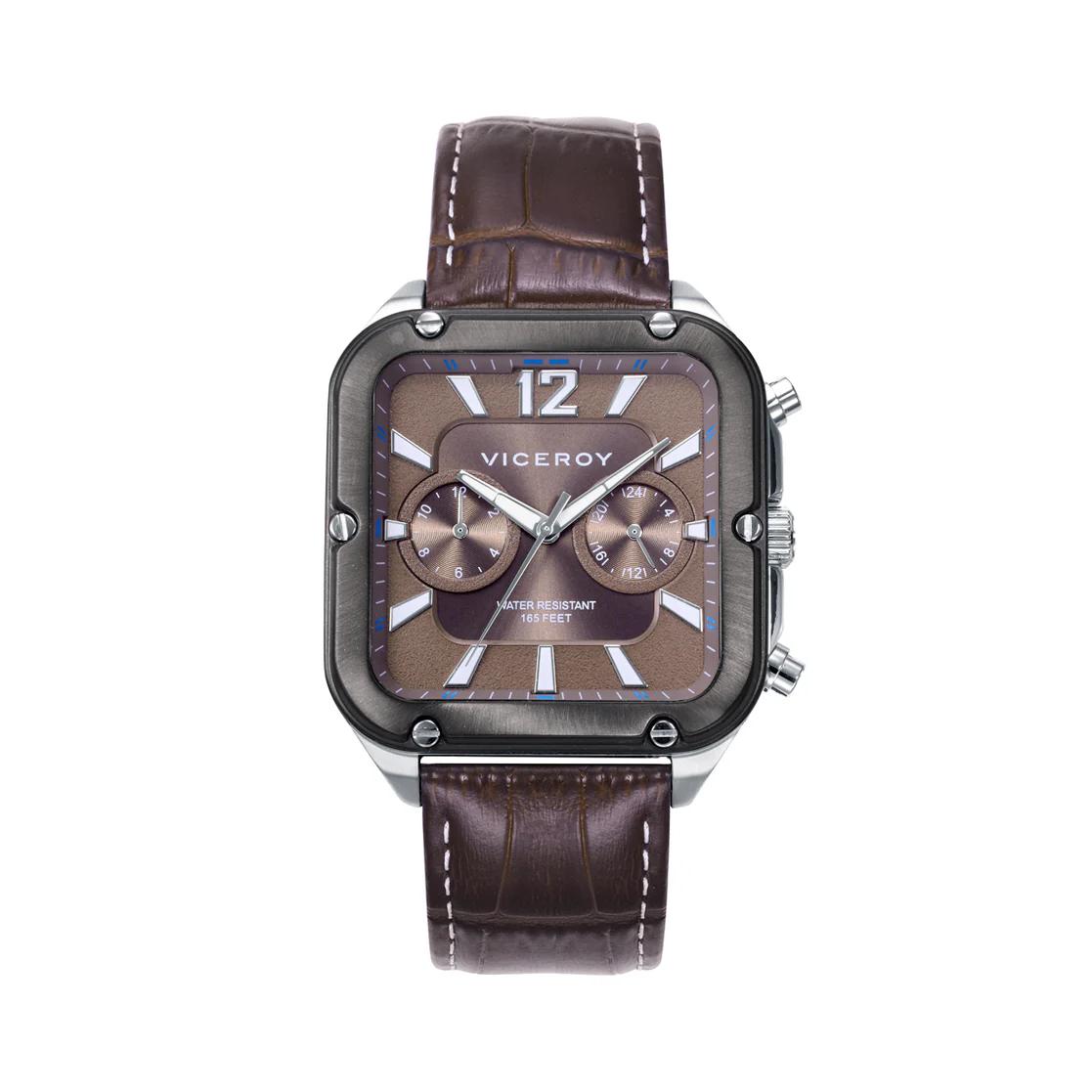 RELOJ  VICEROY DE HOMBRE MAGNUM CAJA BICOLOR Y CORREA DE PIEL MARRÓN 401325-15 Reloj deportivo para hombre con multifunción, caja bicolor cuadrada con esfera gris y contadores a las 3 y a las 9. Agujas horarias en plata con "luminous".