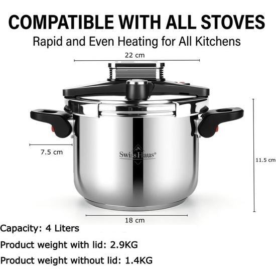 Olla a presión de inducción Swiss Haus® - Libre de PFAS - Acero inoxidable - Olla a presión para todo tipo de fuentes de calor - Cocción instantánea - Mecanismo de una sola mano - Acero inoxidable